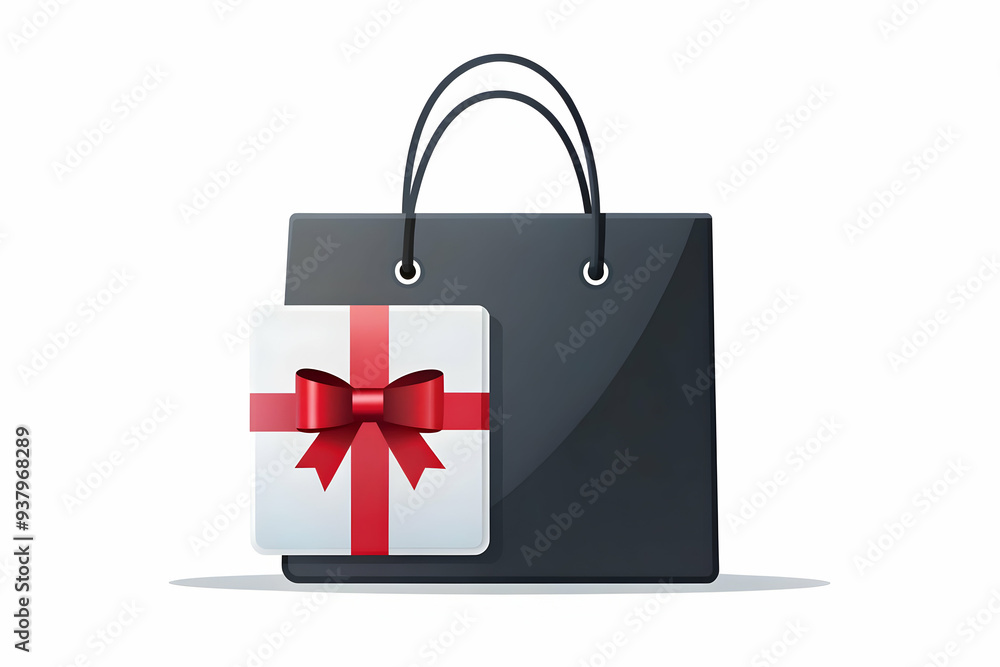 Flat Shopping Bag with Gift Card Vector concept as Vector of a shopping bag with a gift card sticking out of it isolated on a white background symbolizing Black Friday gift shopping and promotions wit Flat Shopping Bag with Gift Card Vector concept as Vector of a shopping bag with a gift card sticking out of it isolated on a white background symbolizing Black Friday gift shopping and promotions wit