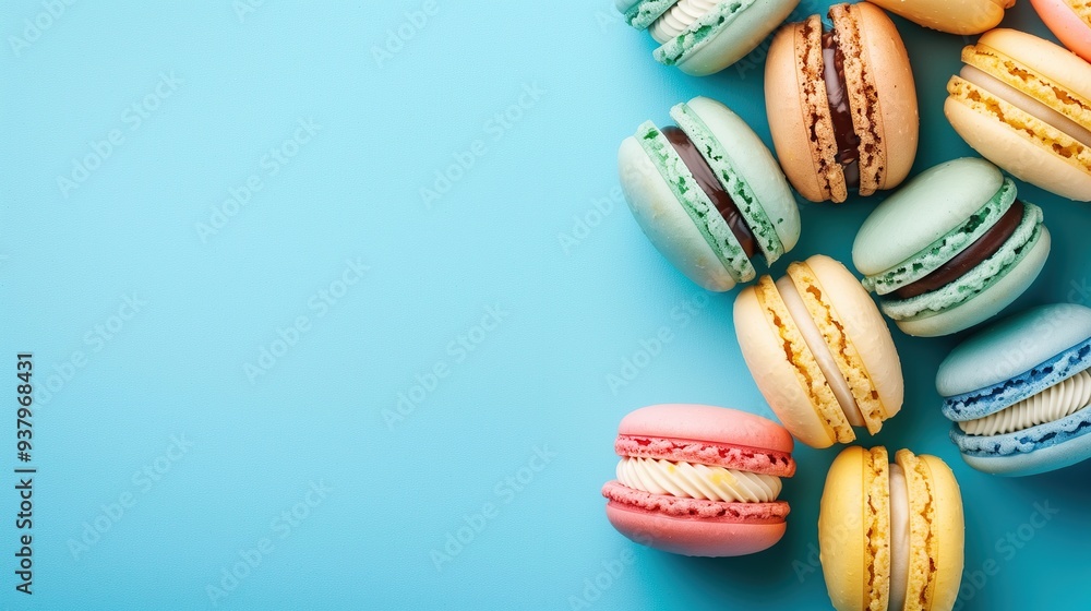 Group of colorful macarons on blue background copy space for text Group of colorful macarons on blue background copy space for text