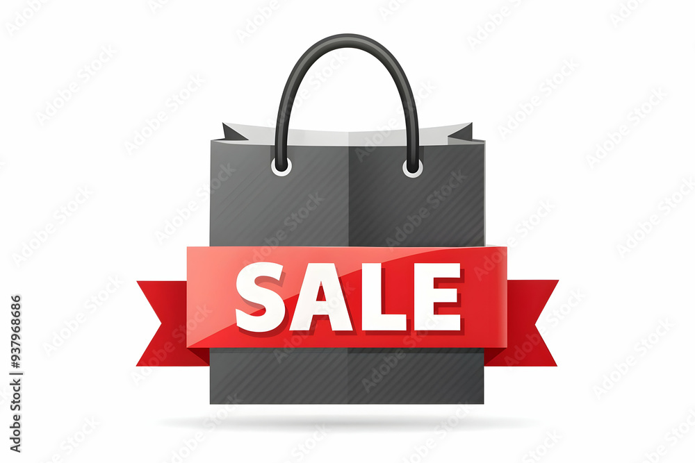Flat Shopping Bag with Sale Banner Vector concept as Vector of a shopping bag with a sale banner draped over it isolated on a white background representing Black Friday discounts and promotions with a Flat Shopping Bag with Sale Banner Vector concept as Vector of a shopping bag with a sale banner draped over it isolated on a white background representing Black Friday discounts and promotions with a