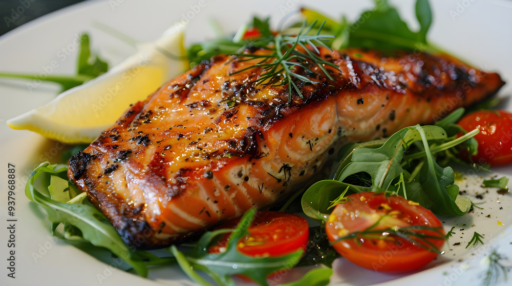 Seared Salmon Fillet with Fresh Greens and Lemon on a Plate Seared Salmon Fillet with Fresh Greens and Lemon on a Plate