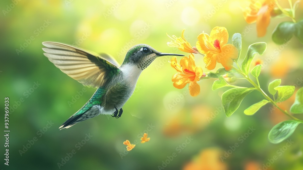 Fototapeta premium A close-up of a hummingbird hovering near a blooming flower, sipping nectar on a bright spring day