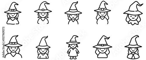 Line halloween little witch icon set
