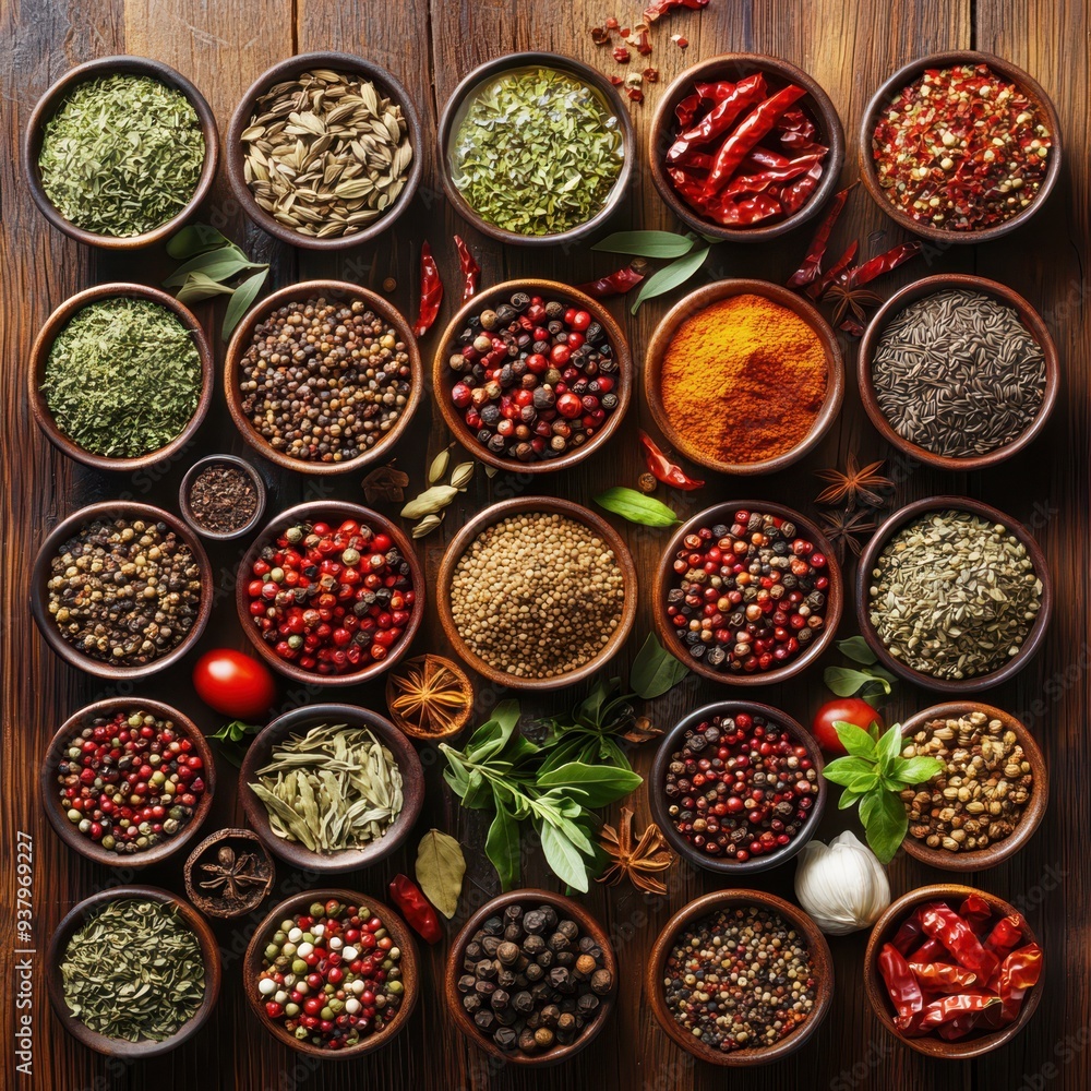 a variety of spices and herbs in bowls a variety of spices and herbs in bowls