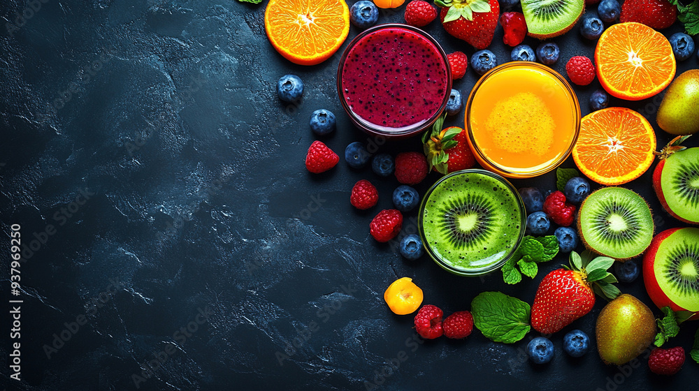 Healthy drink concept. Colorful fruit smoothies and fresh fruits on a dark background. Blueberries, strawberries, oranges, blackberries, kiwi, and other berries. Fresh juices or smoothies. Copy space 