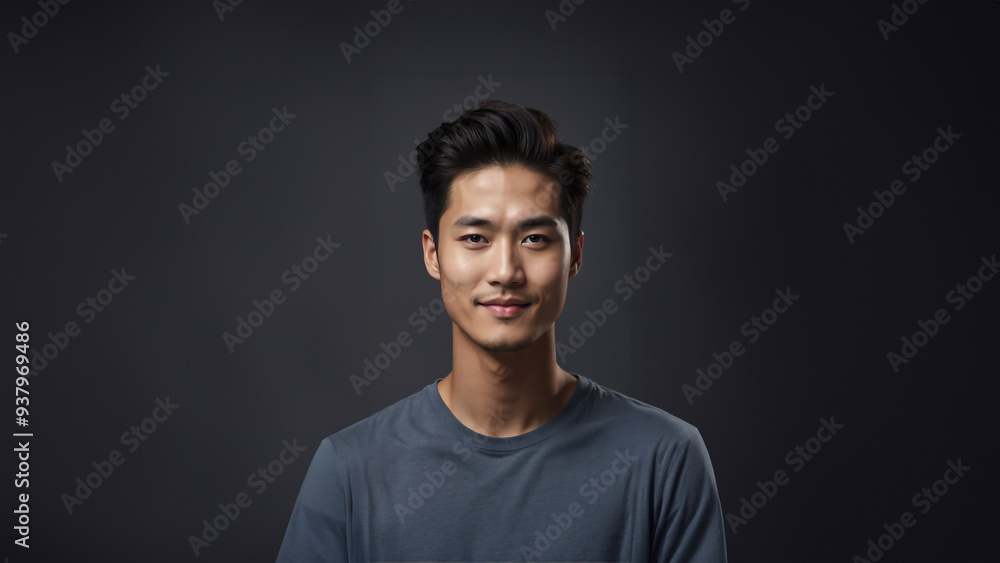 Fototapeta premium Radiant young Korean man with flawless skin and natural beauty. Brunette with neat hair and a warm smile, gazing confidently at camera. Studio shot, perfect for beauty and cosmetic campaigns