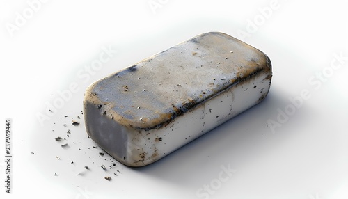 Eraser lying flat on a white surface, with corner rounded from frequent use, slightly faded, with smudges of pencil marks and small pieces of eraser debris scattered around it photo