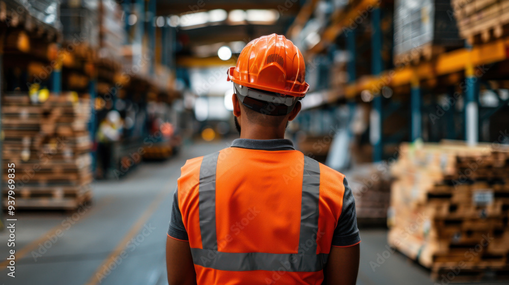 A warehouse worker in a safety helmet and vest inspects inventory storage in a large industrial warehouse, focused on organization and supply chain management. A warehouse worker in a safety helmet and vest inspects inventory storage in a large industrial warehouse, focused on organization and supply chain management.