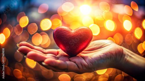 Red Heart Held In Hand, Glowing Bokeh Background. Love, Care, Hope.