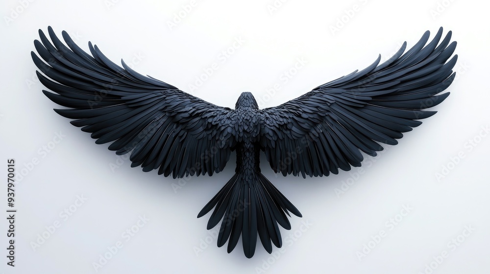 Obraz premium A majestic black angelic winged figure soaring against a white background, symbolizing power and grace