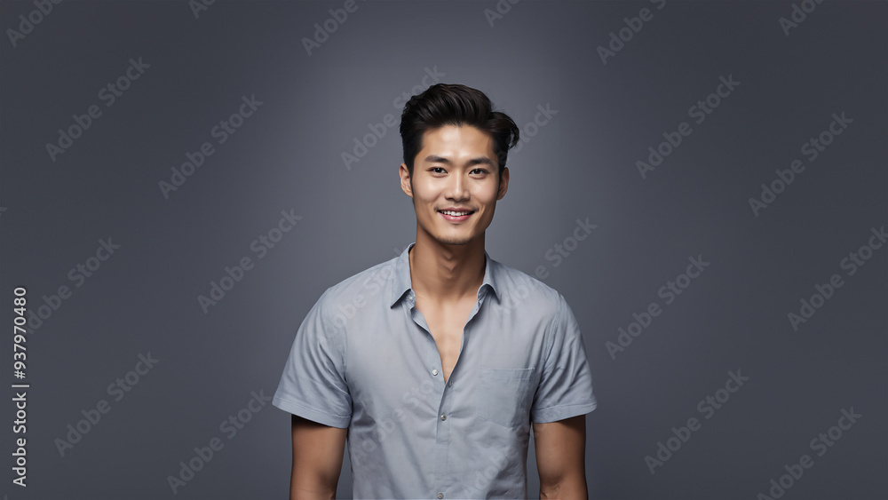 Charming portrait of a young Korean man with a warm smile and natural beauty. Brunette hair and flawless skin complement his captivating gaze. Studio shot with copy space, ideal for beauty and fashion Charming portrait of a young Korean man with a warm smile and natural beauty. Brunette hair and flawless skin complement his captivating gaze. Studio shot with copy space, ideal for beauty and fashion