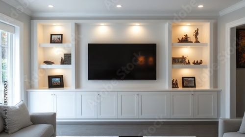 Wallpaper Mural A modern, minimalist home media wall in white, showcasing a flat-screen TV surrounded by recessed lighting. Floating shelves with art pieces create a stylish, uncluttered look. Torontodigital.ca