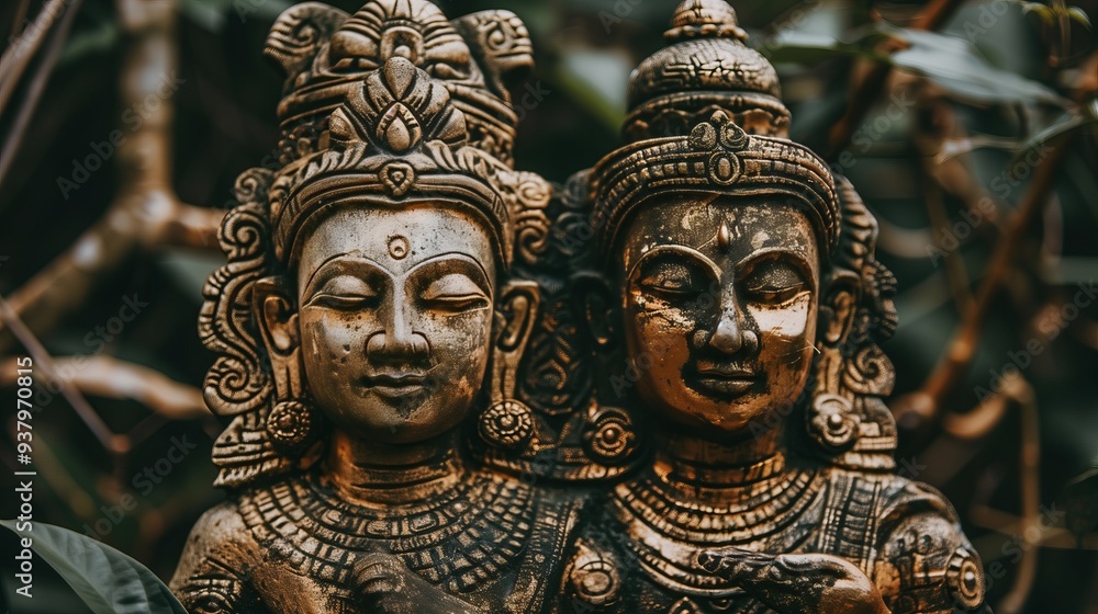 Close-up of two ornate golden statues with serene expressions Close-up of two ornate golden statues with serene expressions