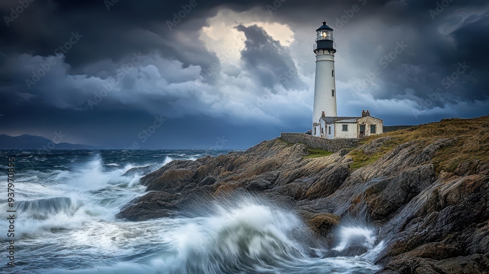 a lighthouse is surrounded by stormy clouds a lighthouse is surrounded by stormy clouds