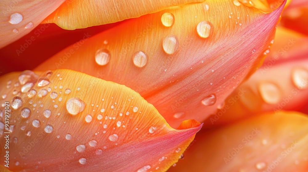 A close-up of vibrant tulip petals covered in morning dew, highlighting the delicate beauty of spring A close-up of vibrant tulip petals covered in morning dew, highlighting the delicate beauty of spring