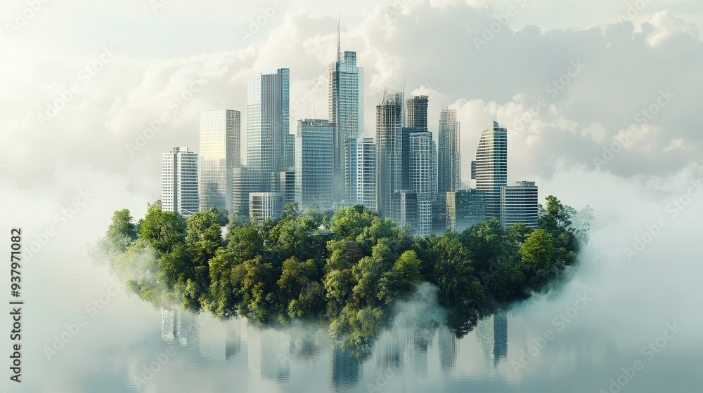 Fototapeta premium A futuristic green city with skyscrapers built on a floating island of lush forest surrounded by white clouds.