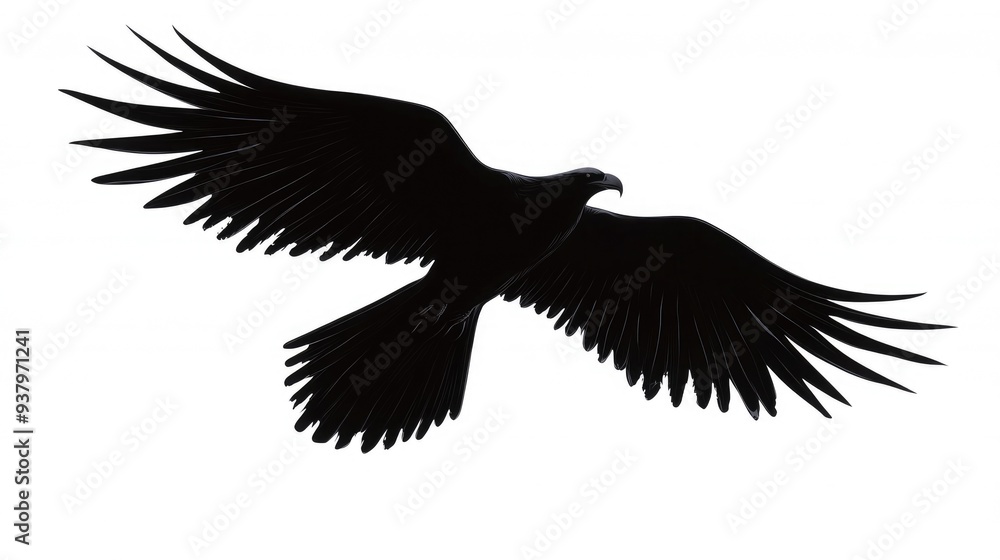A powerful black winged silhouette soaring against a white background, an emblem of strength and heavenly ascent. A powerful black winged silhouette soaring against a white background, an emblem of strength and heavenly ascent.