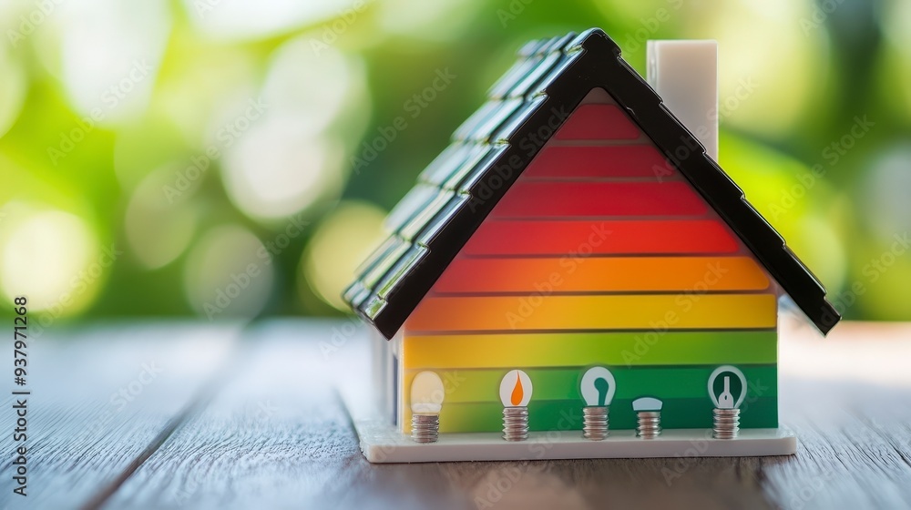 A small house model with energy efficiency rating scale. A small house model with energy efficiency rating scale.