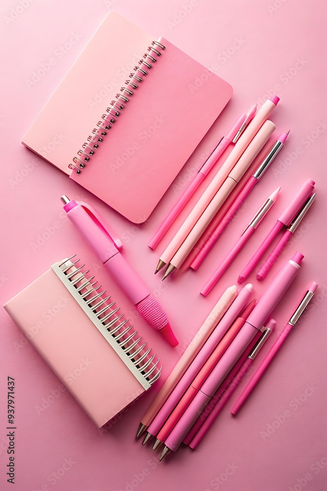 Collection of Pink Notebooks and Pens on Studio Background with Space for Text Overlay Collection of Pink Notebooks and Pens on Studio Background with Space for Text Overlay