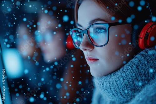 Beautiful winter woman in warm clothes against snowy backdrop photo