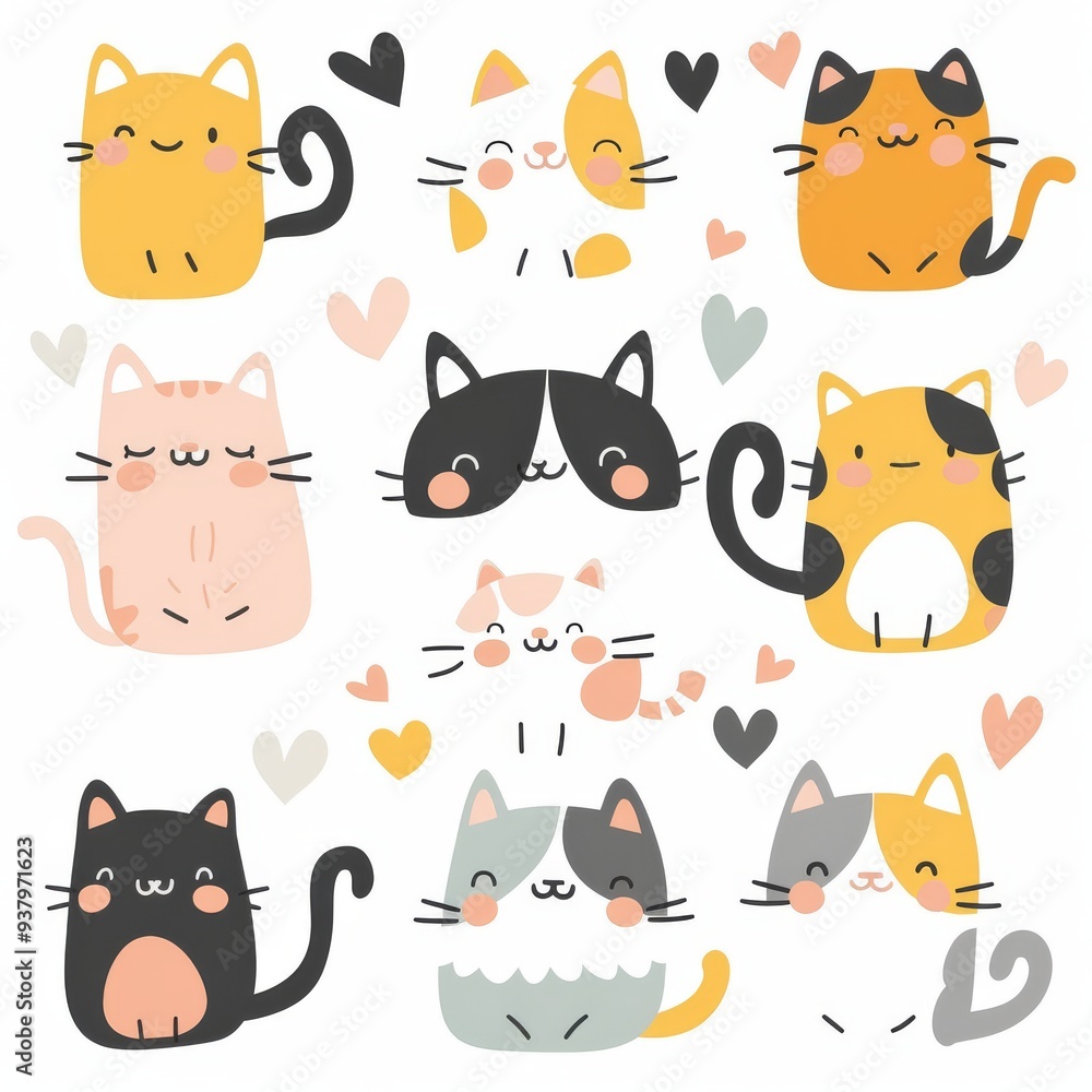 Cute and Playful Cartoon Cats in Various Poses and Colors With Hearts on Isolated Background Cute and Playful Cartoon Cats in Various Poses and Colors With Hearts on Isolated Background