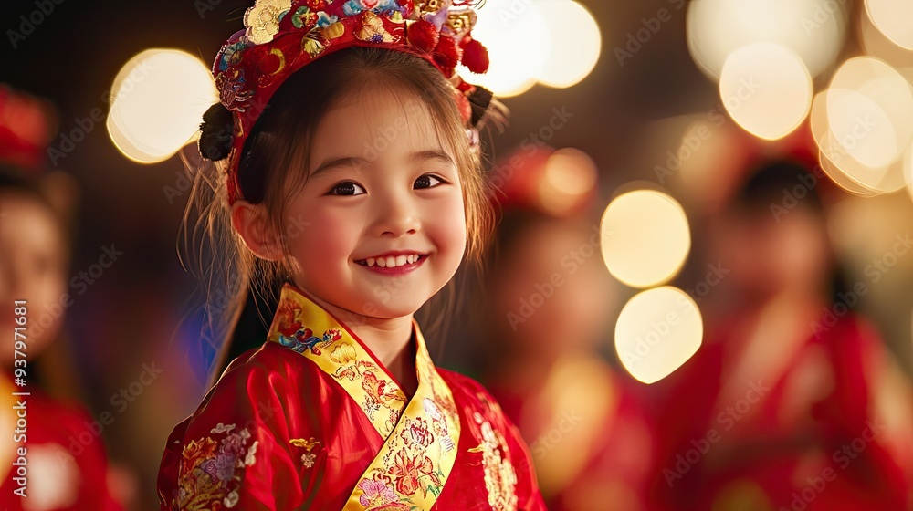 A group of children dressed in traditional clothing, performing a Lunar New Year dance at a community event A group of children dressed in traditional clothing, performing a Lunar New Year dance at a community event