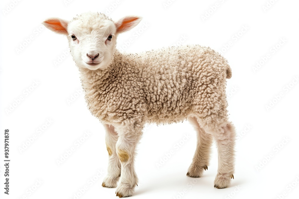 Fototapeta premium Adorable baby lamb with fluffy wool looking at the camera.