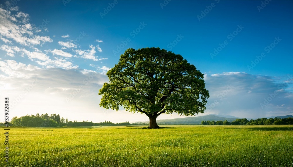 Obraz premium A giant tree in the middle of meadow, grass, sunny day