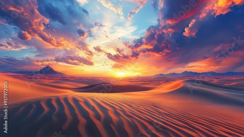 A hyper-real desert landscape with ultra-sharp sand dunes and a vividly colorful sunset creating a surreal atmosphere