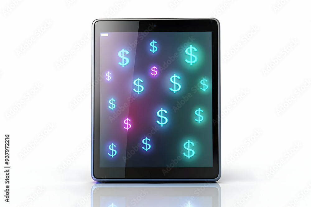 Flat Tablet with Holographic Money Symbols concept as Vertical shot of a tablet on a white surface with glowing holographic money symbols floating above it offering a high impact Black Friday themed c Flat Tablet with Holographic Money Symbols concept as Vertical shot of a tablet on a white surface with glowing holographic money symbols floating above it offering a high impact Black Friday themed c