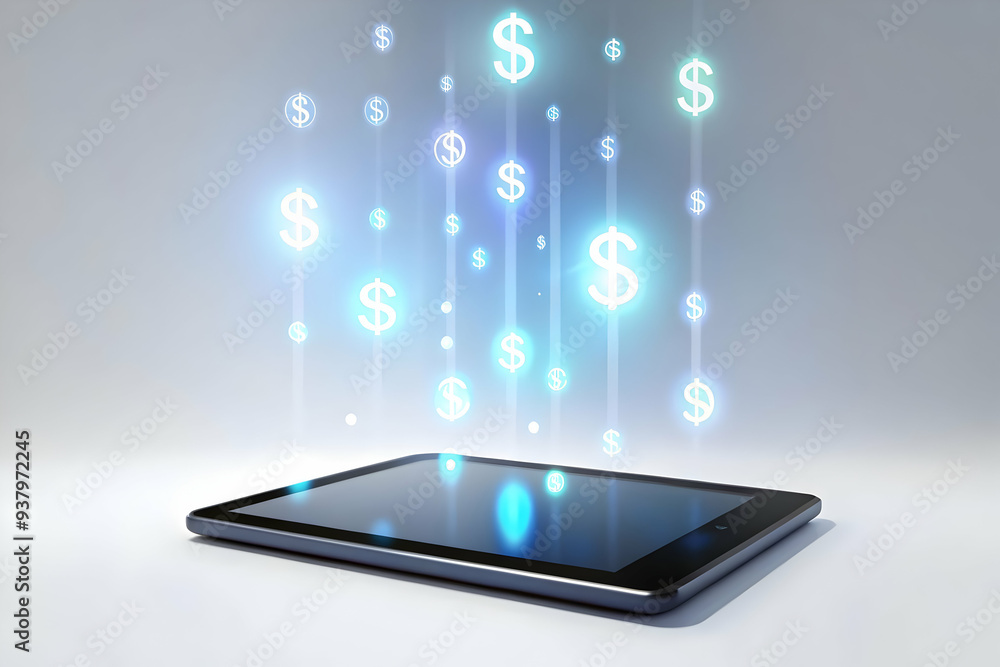 Flat Tablet with Holographic Money Symbols concept as Vertical shot of a tablet on a white surface with glowing holographic money symbols floating above it offering a high impact Black Friday themed c Flat Tablet with Holographic Money Symbols concept as Vertical shot of a tablet on a white surface with glowing holographic money symbols floating above it offering a high impact Black Friday themed c