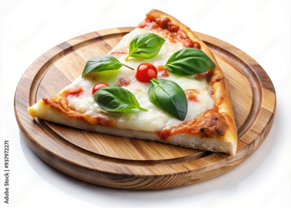 Juicy triangular pizza slice with melted mozzarella cheese and fresh basil leaves, placed on a rustic wooden plate, isolated on a clean white background. Juicy triangular pizza slice with melted mozzarella cheese and fresh basil leaves, placed on a rustic wooden plate, isolated on a clean white background.