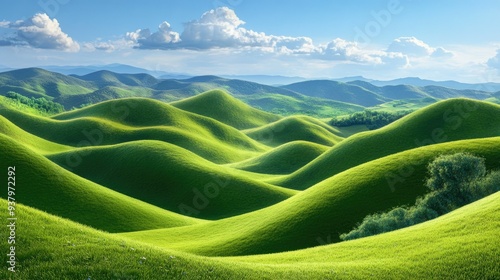 A hyper-real landscape of rolling hills with vividly green grass and a sky so intensely blue it seems unnatural