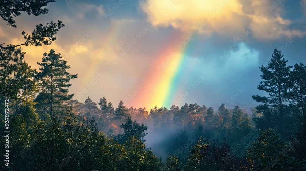 A hyper-real shot of a rainbow over a forest, with exaggeratedly vibrant colors and an almost surreal atmosphere A hyper-real shot of a rainbow over a forest, with exaggeratedly vibrant colors and an almost surreal atmosphere