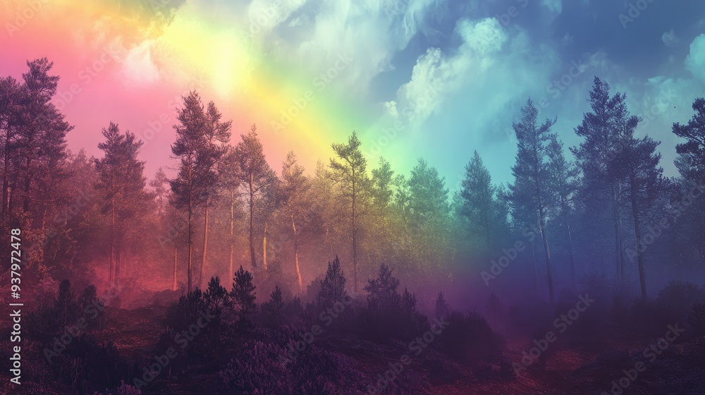 Naklejka premium A hyper-real shot of a rainbow over a forest, with exaggeratedly vibrant colors and an almost surreal atmosphere
