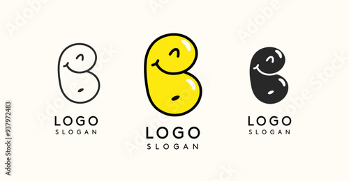 Playful cartoon letter B with glossy, bubbly appearance, available in silhouette, contour, colored versions. Perfect for children's brand, entertainment company, creative studio. Vector illustration.
