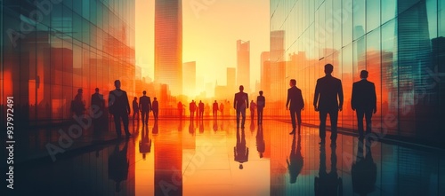 Business people stand in office buildings with urban backgrounds, showcasing a dual exposure effect, highlighting cooperation and team spirit, and reflecting a vibrant business environment.