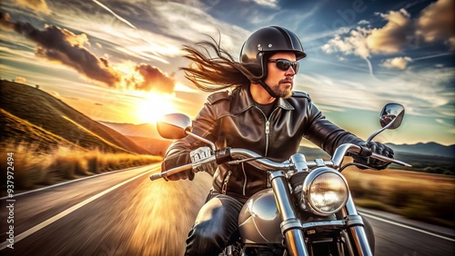 Leather-clad biker cruising down a winding road on a sleek, chromed-out motorcycle, wind-whipped hair and helmet a blur as they speed into the distance. photo