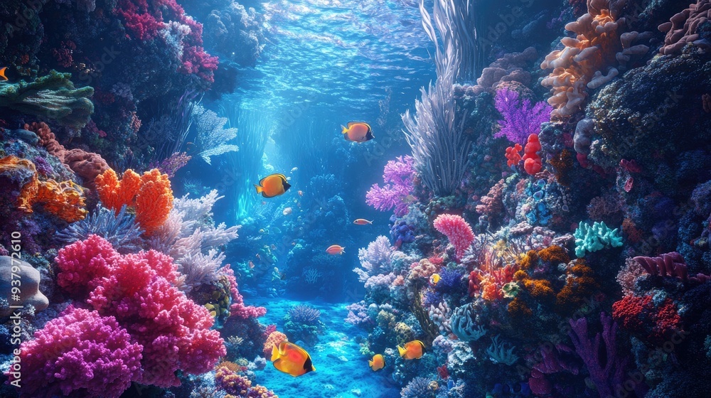 A hyper-real underwater scene with vibrant coral reefs and fish that seem to glow with otherworldly colors A hyper-real underwater scene with vibrant coral reefs and fish that seem to glow with otherworldly colors