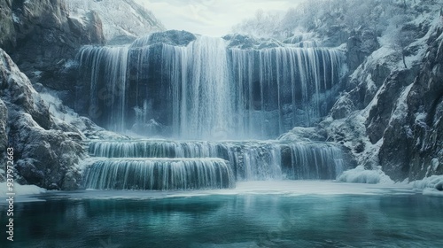 A hyper-real waterfall cascading into a crystal-clear pool, with every droplet frozen in perfect detail