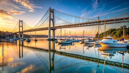 Long, Steel Suspension Bridge With Cables Stretching Up To Two Tall Towers, Located Over A Calm Body Of Water With Boats. photo