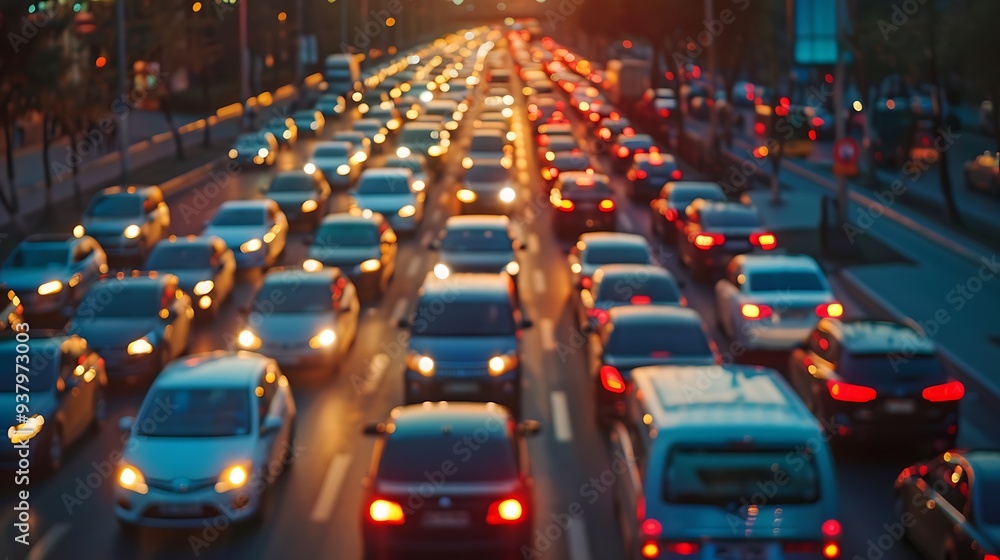 Obraz premium Cars stuck in traffic during evening commute with blurry lights creating sense of motion and congestion for urban transportation and daily rush hour concept.