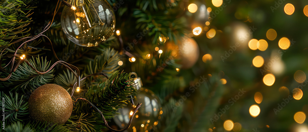 Close up of glowing lamp bulb, lights, garland with green fir branches.Christmas and New Year minimal mockup . Winter holidays celebration background. Copy space. Generative ai Close up of glowing lamp bulb, lights, garland with green fir branches.Christmas and New Year minimal mockup . Winter holidays celebration background. Copy space. Generative ai