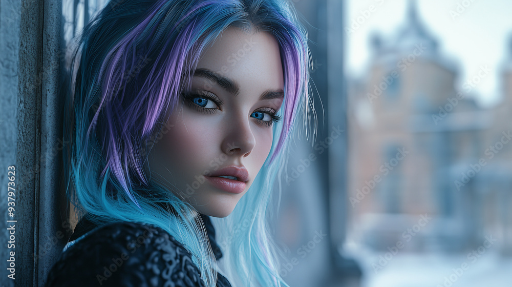 Vibrant Woman with Colorful Blue and Purple Hair: Stunning Close-Up Portrait, for Beauty Salon Vibrant Woman with Colorful Blue and Purple Hair: Stunning Close-Up Portrait, for Beauty Salon