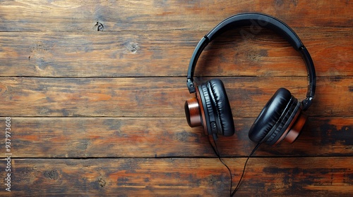 Elegant Headphones on Wooden Background from Top View