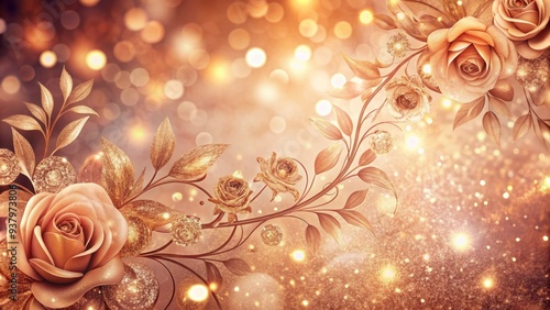 Luxurious rose-gold sparkle background with intricate textured patterns, shimmering glitter accents, and soft, warm lighting, evoking feelings of elegance, sophistication, and romance.