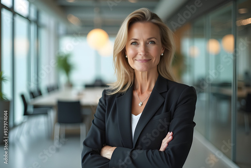 Portrait of a professional woman in a suit standing in a modern office. Mature business woman looking at the camera in a workplace meeting area.