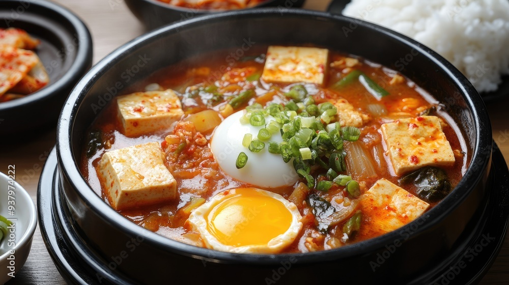 A steaming hot bowl of sundubu-jjigae (soft tofu stew) with kimchi, vegetables, and egg, served with rice and side dishes A steaming hot bowl of sundubu-jjigae (soft tofu stew) with kimchi, vegetables, and egg, served with rice and side dishes