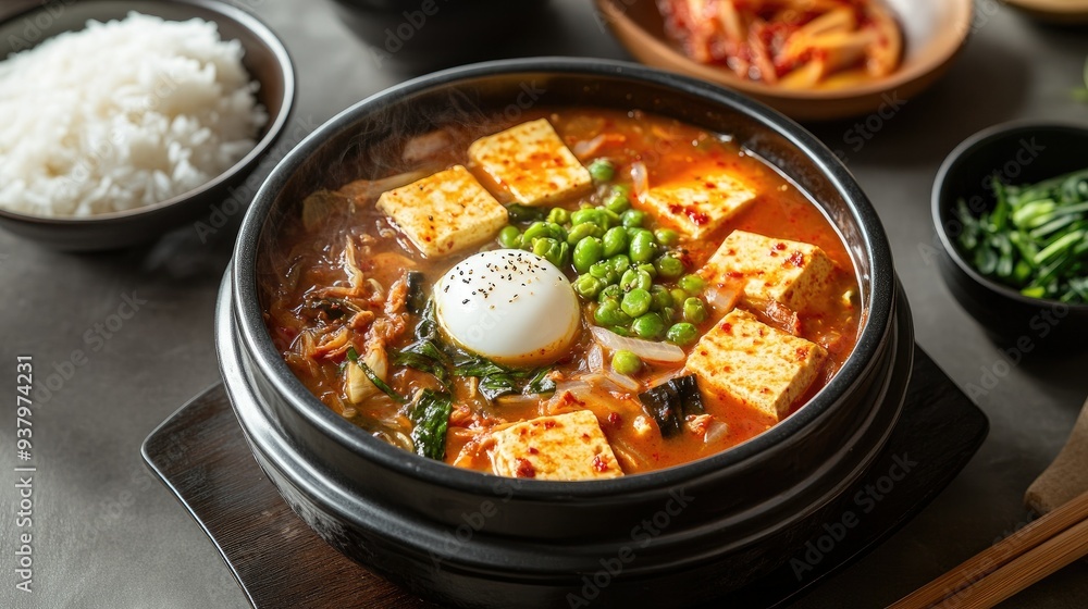 A steaming hot bowl of sundubu-jjigae (soft tofu stew) with kimchi, vegetables, and egg, served with rice and side dishes