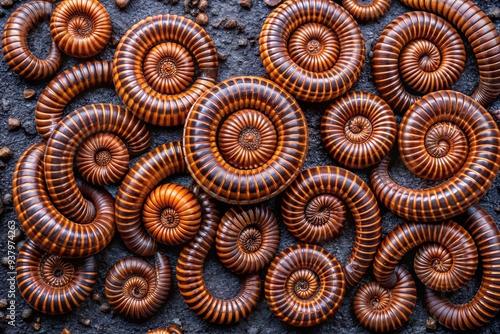 Macro shot of numerous millipedes curving together to form a mesmerizing spiral pattern on a dark asphalt surface, showcasing their unique segmented bodies. photo