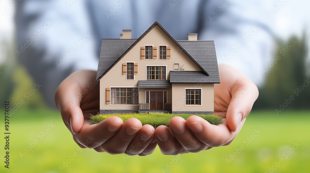 A small model house is being held in the palms of hands, surrounded by a green grassy background. A small model house is being held in the palms of hands, surrounded by a green grassy background.